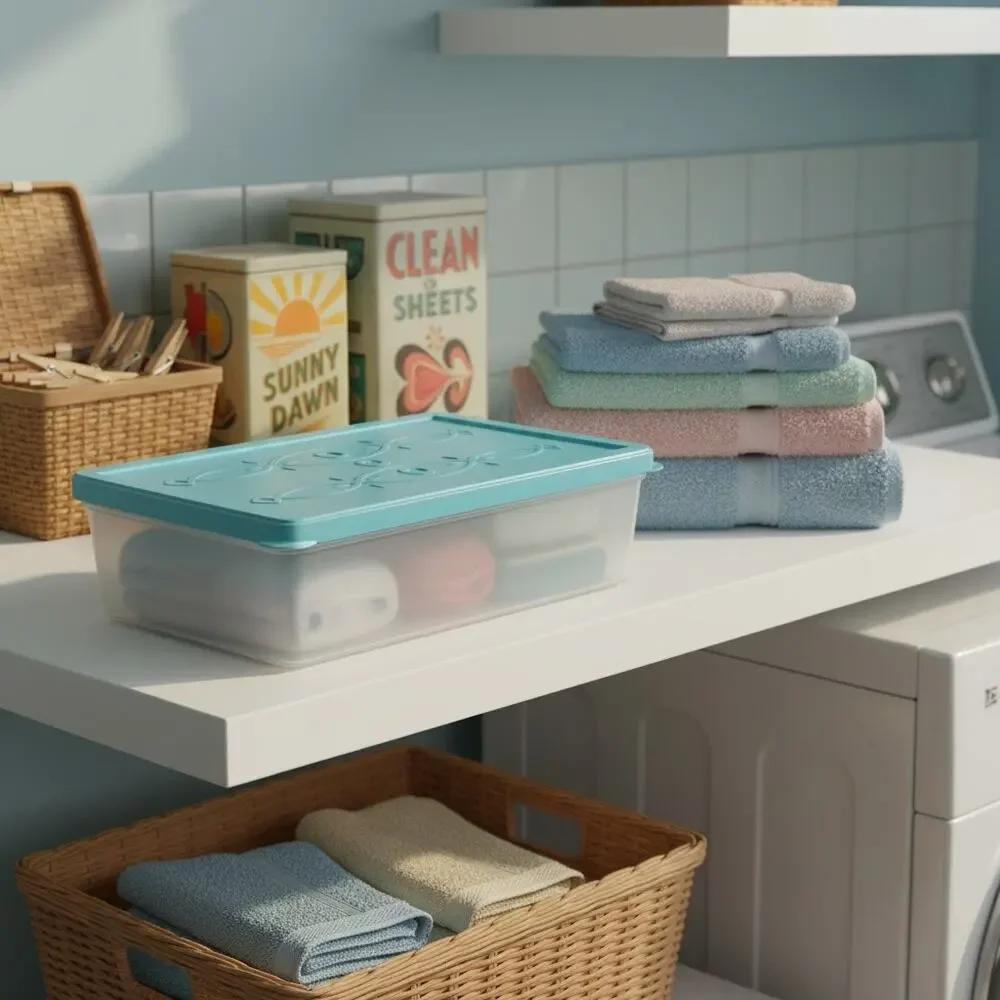 Vintage Mid Century Plastic Storage Box-Teal Lid-Organizer-Sewing-Craft-Kitchen